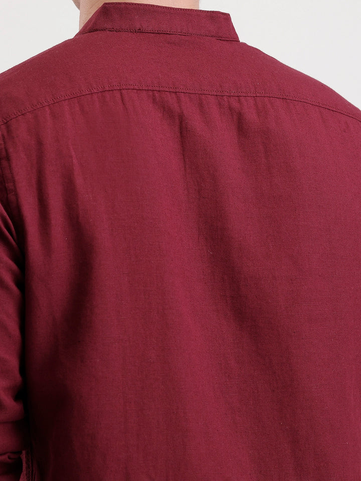 Slim Fit Mandrin Collar Linen Blend Shirt  | Wine