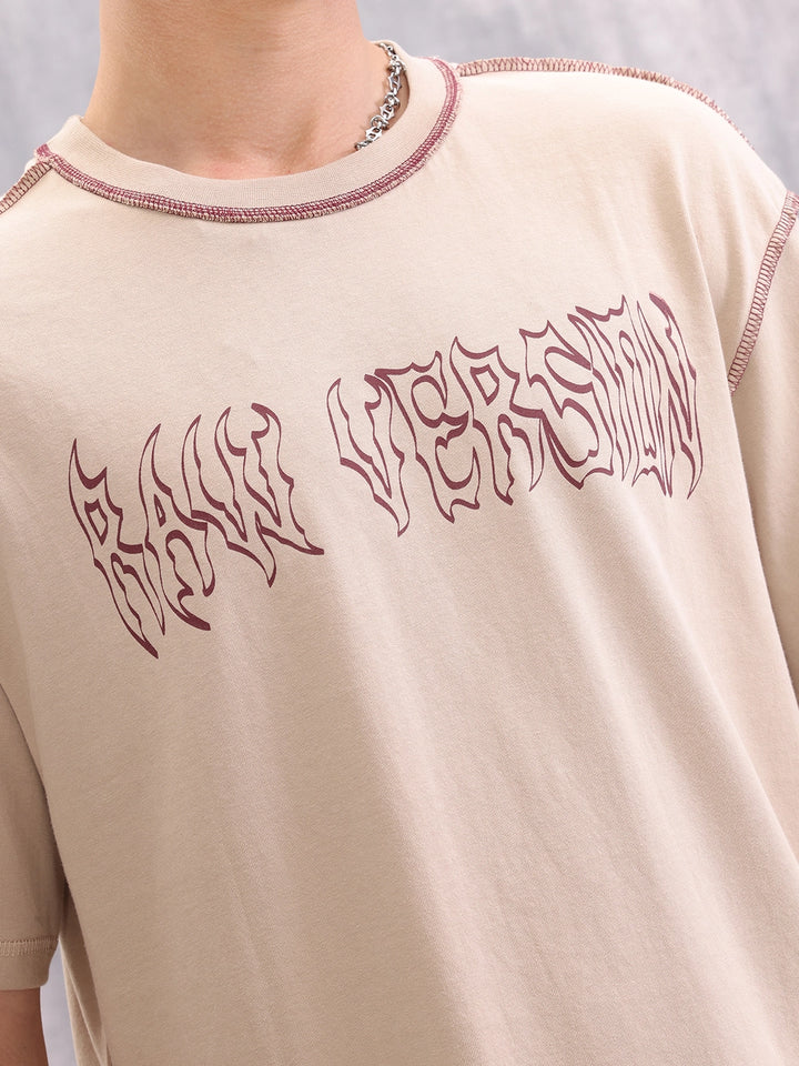 Contrast Stitch Detail Goth Inspired Oversized Fit T-shirt | Beige