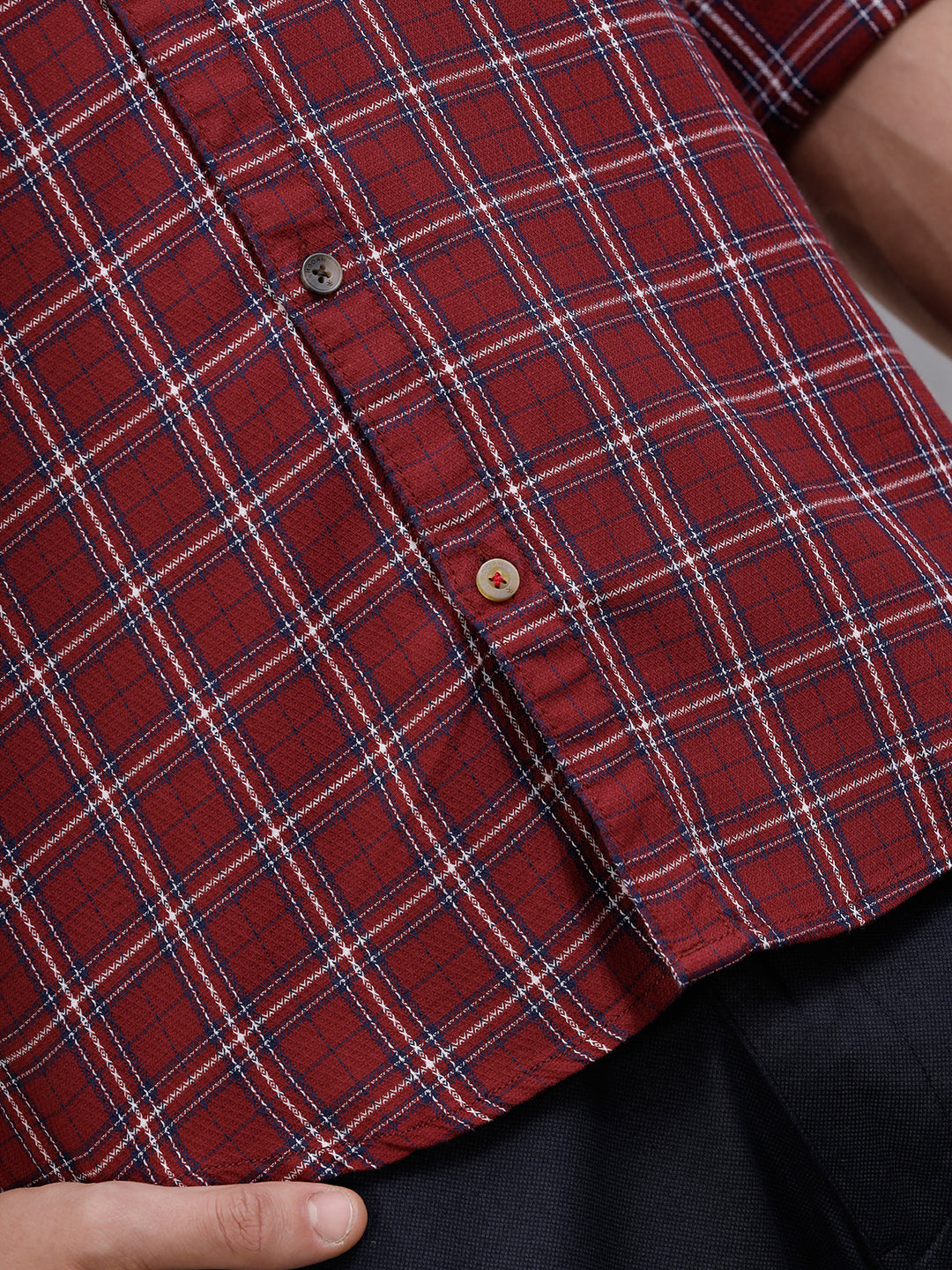 Textured Cotton Dobby Check Shirt | Red