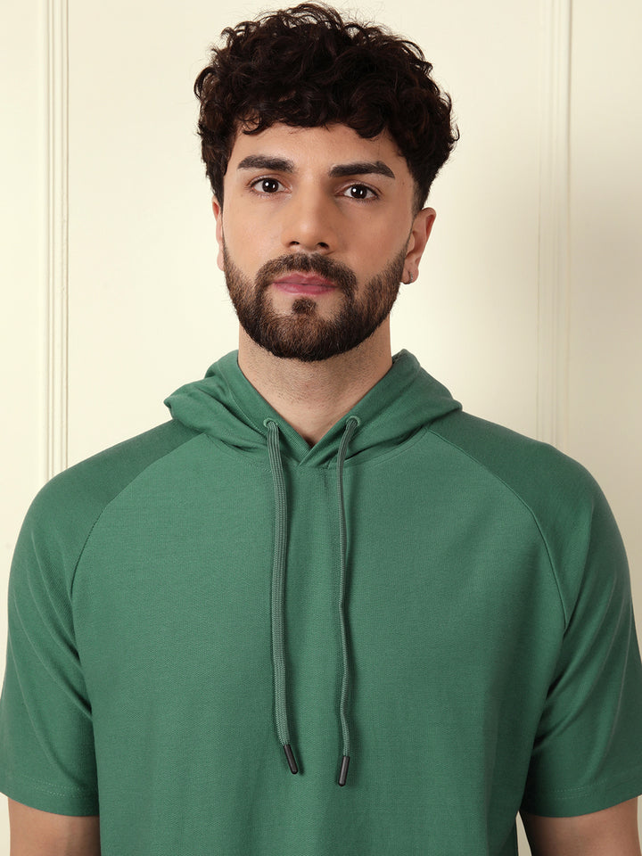 Solid Teal Half Sleeve Hooded T-Shirt