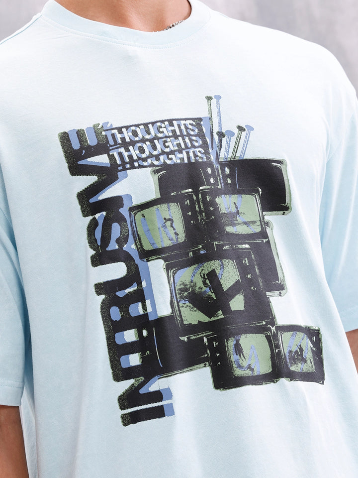 Retro Tv Graphic Printed Oversized Fit Tshirt | Light Blue