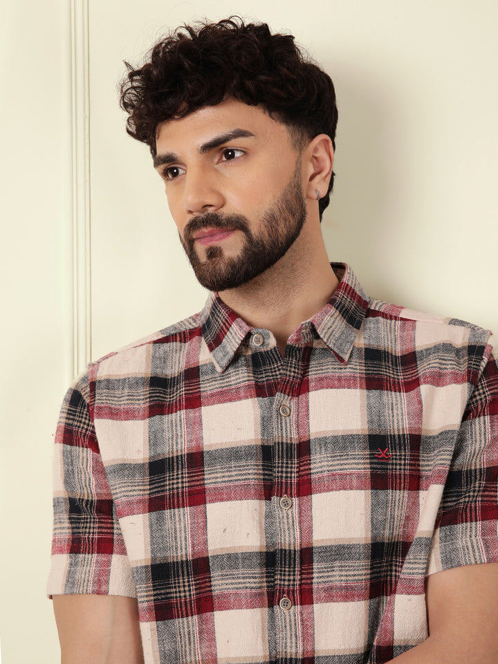 Textured Checks Cotton Shirt | Maroon