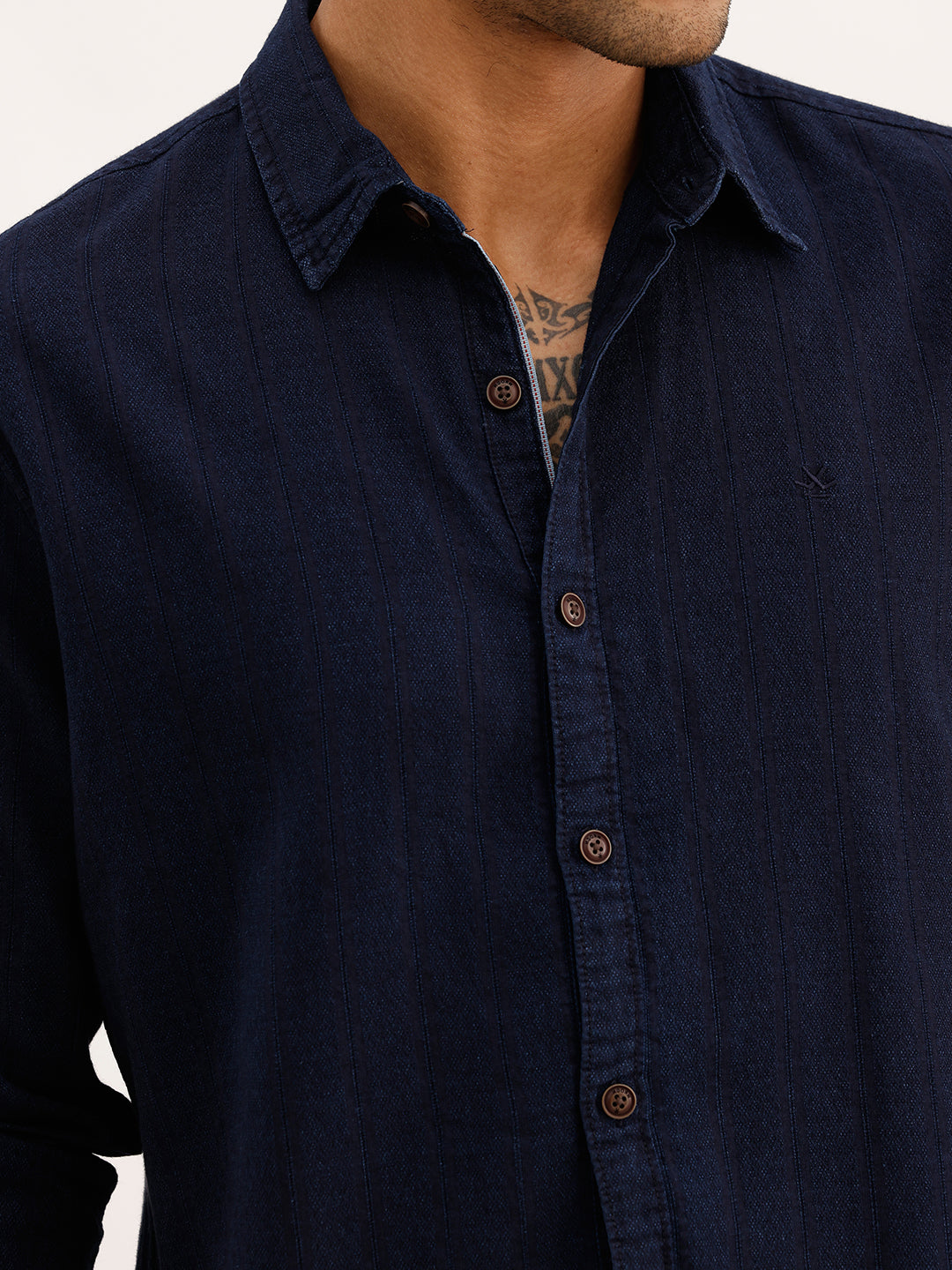 Textured Slim Fit Full Sleeve T-Shirt | Navy Blue