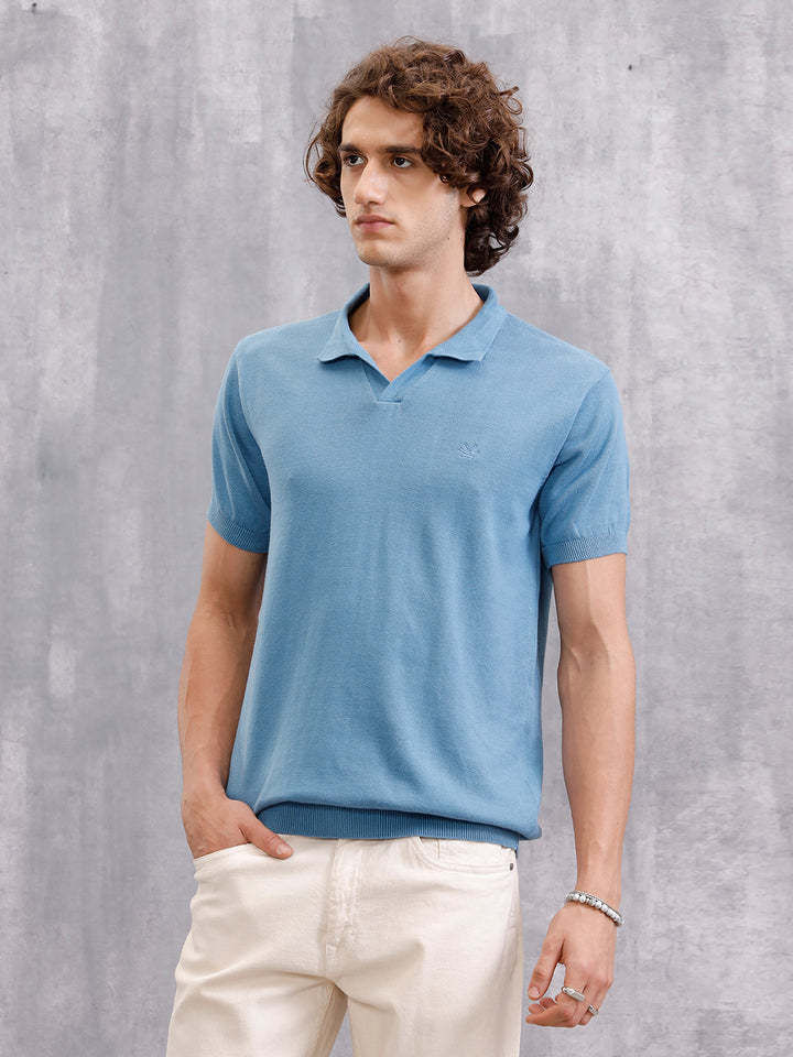Premium Flat Knit Slim Fit Polo T-Shirt | Blue
