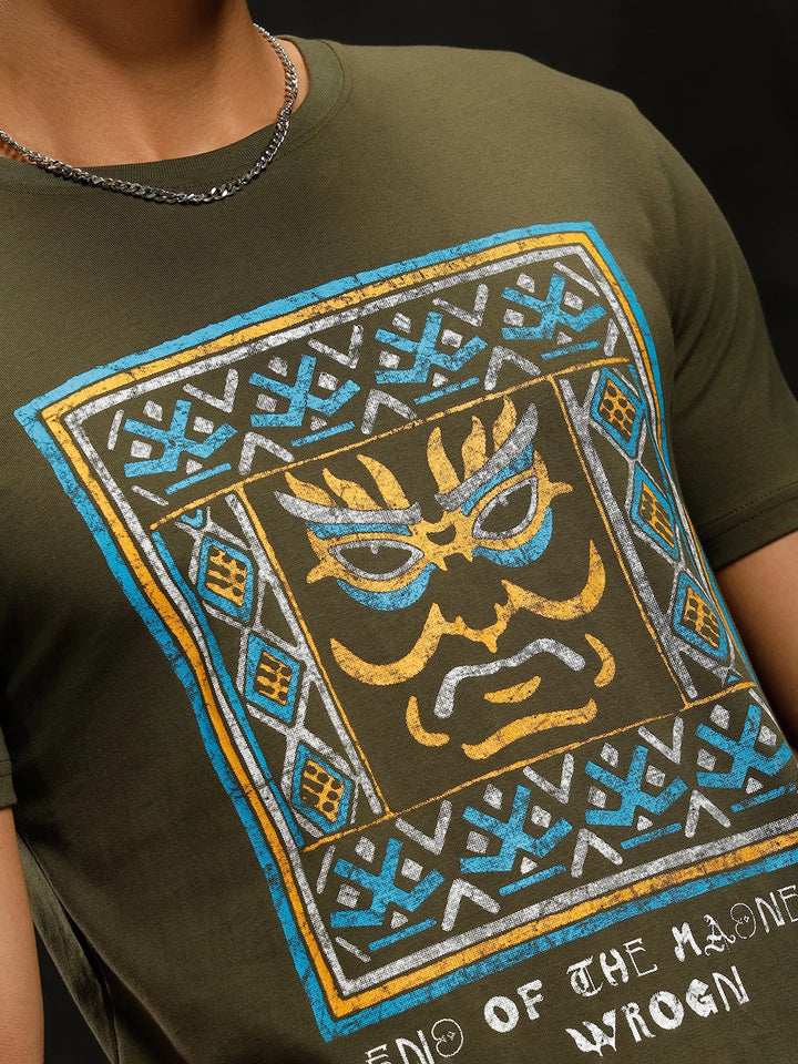 Mythical Faces Printed T-Shirt | Olive