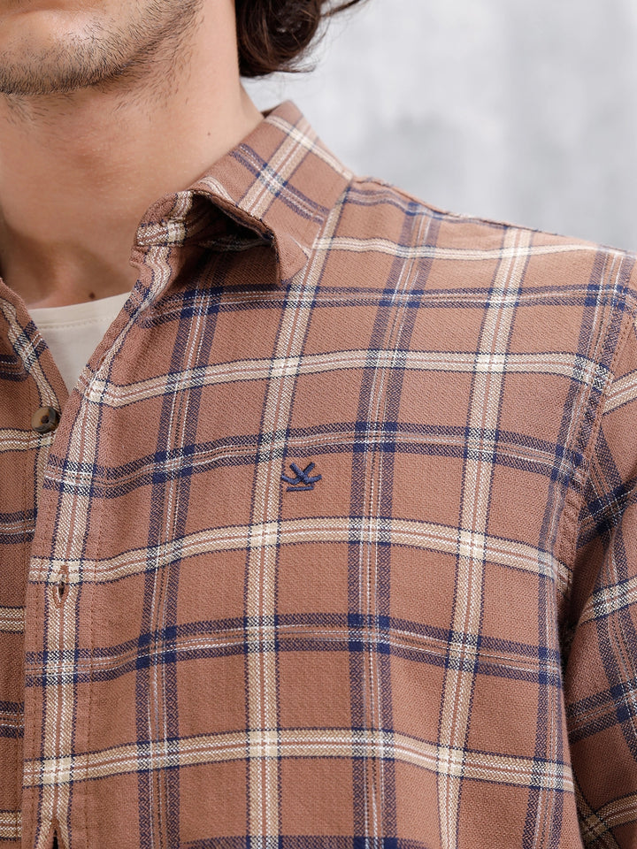Space Dyed Dobby Check Slim Fit Shirt | Brown