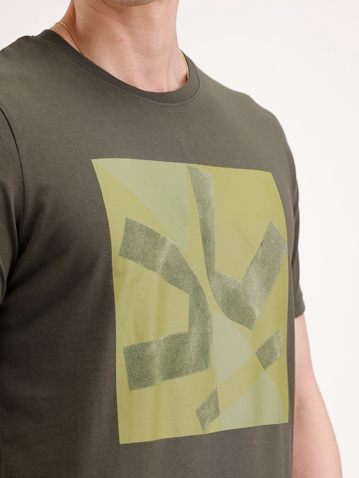 Slim Fit Flock Printed T-Shirt | Olive