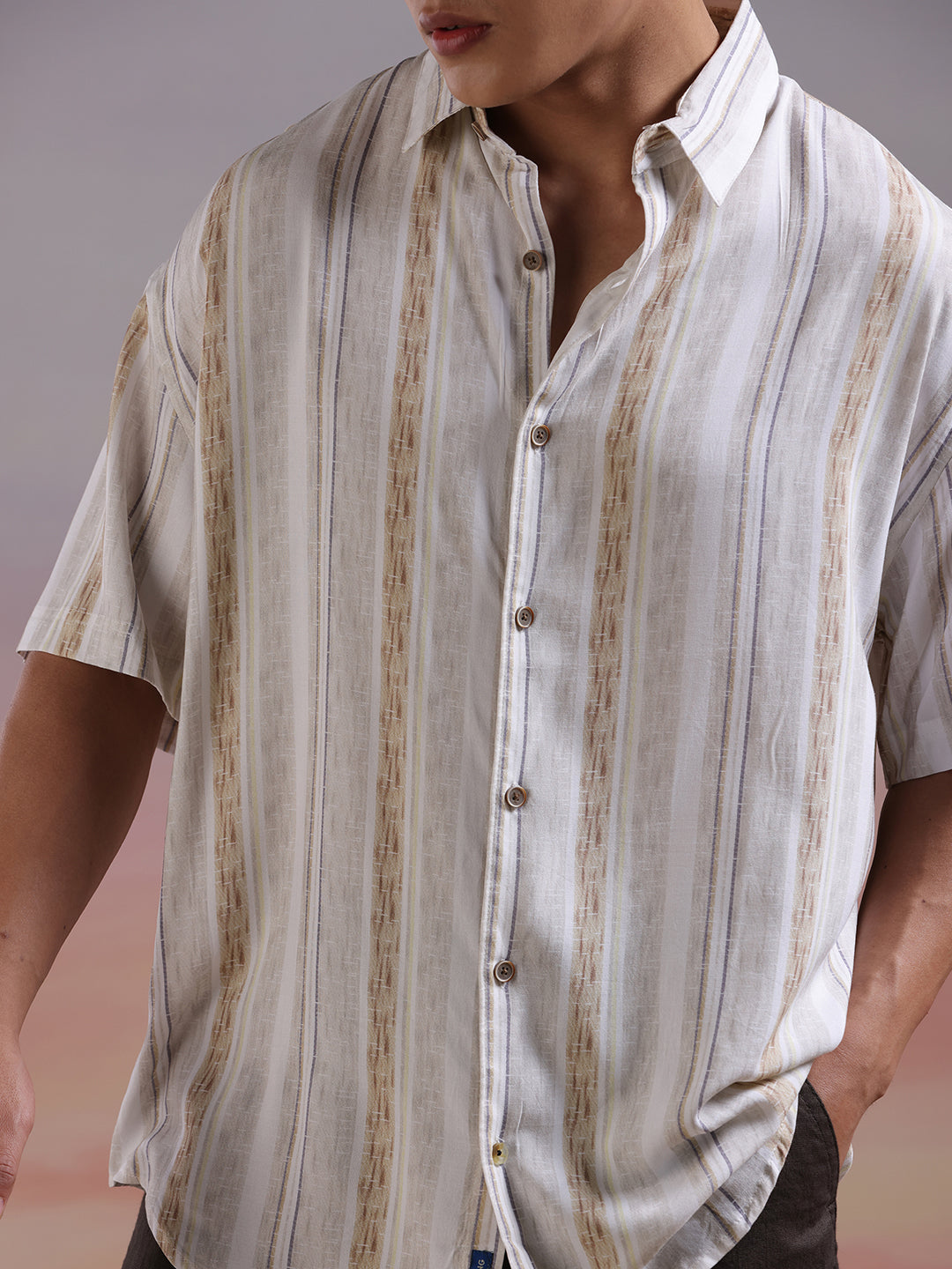 Sleek Stripes Half Sleeve Brown Shirt