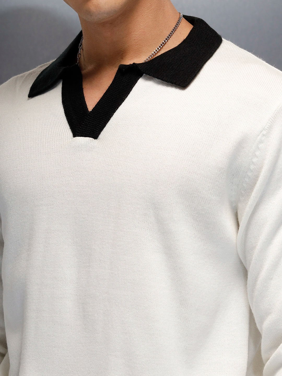 Textured Knit Sweater with Contrast Trim | White