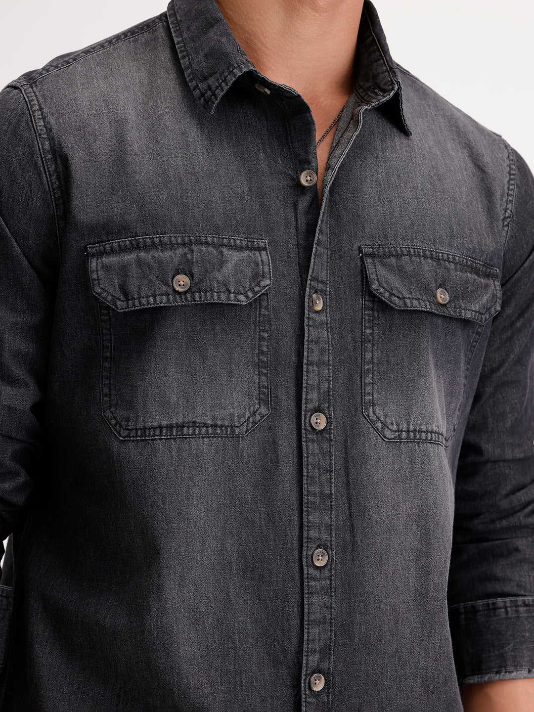 Slim Fit Faded Denim Shirt  | Black