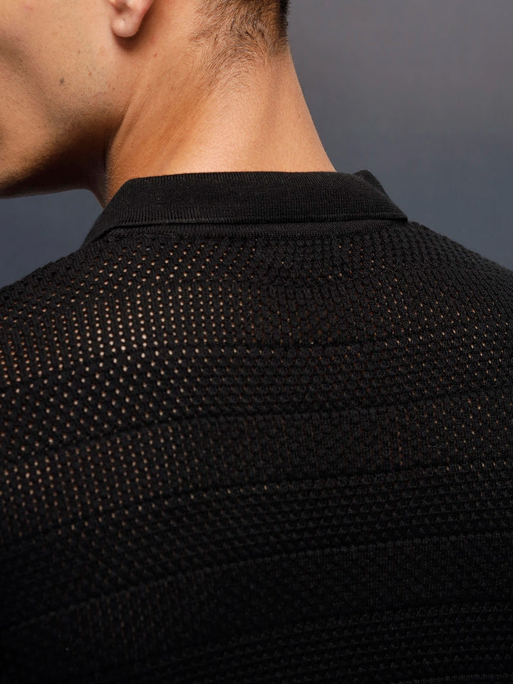 Textured Knit slim fit Polo T-shirt | Black