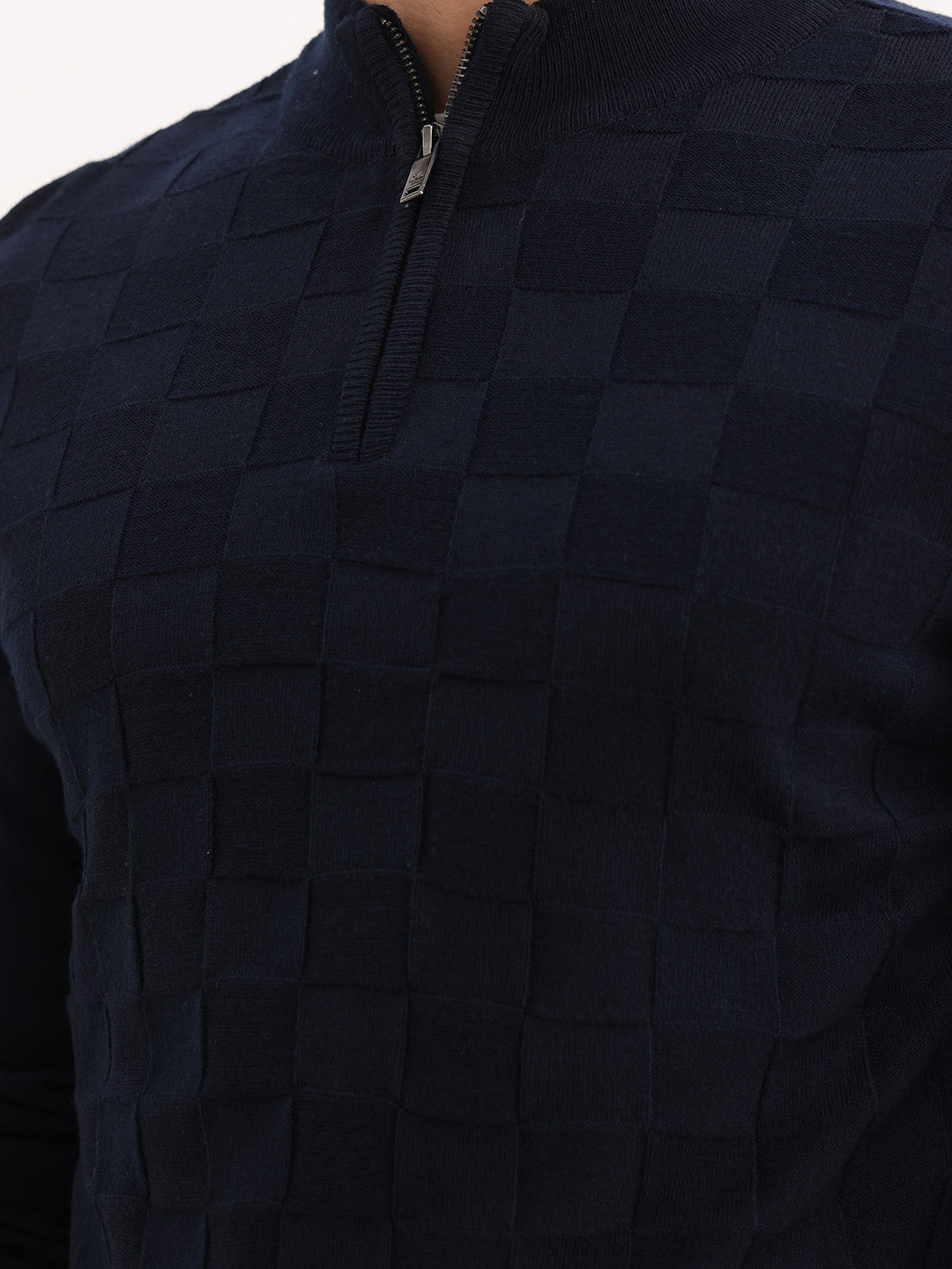 Solid Regular Fit Quater Zipper Textured Sweater | Blue