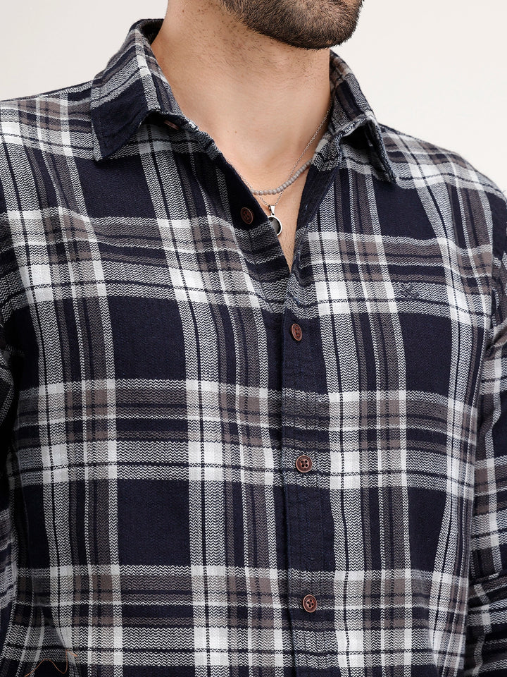 Regular Fit Textured Checkered Shirt | Navy Blue