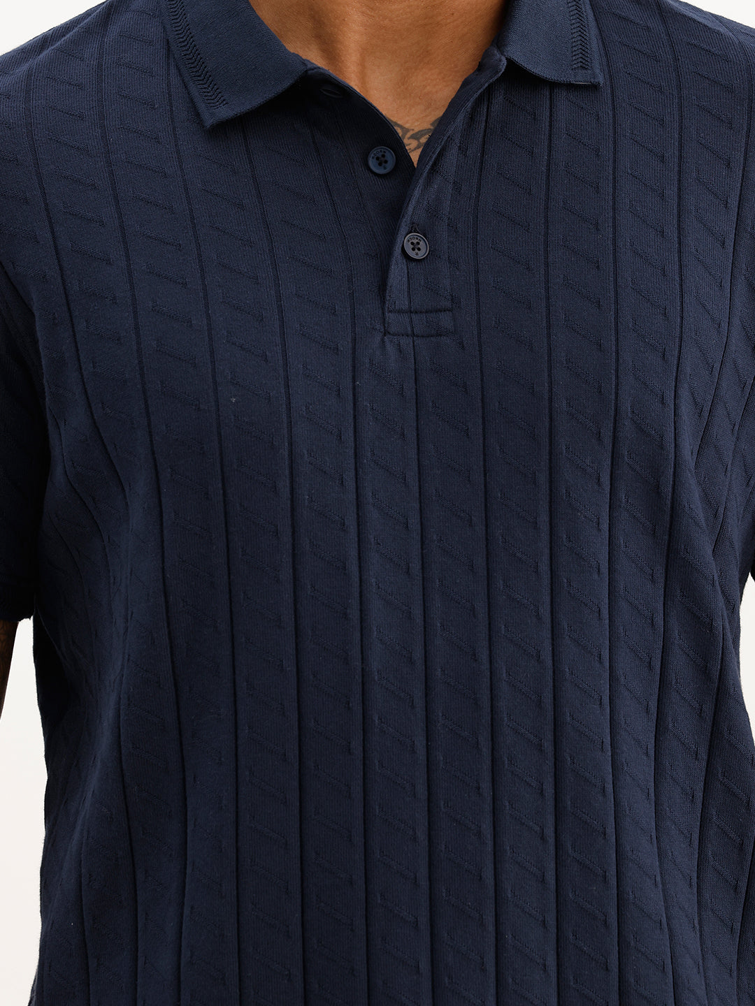 Solid Slim Fit Textured Polo T-Shirt | Navy Blue