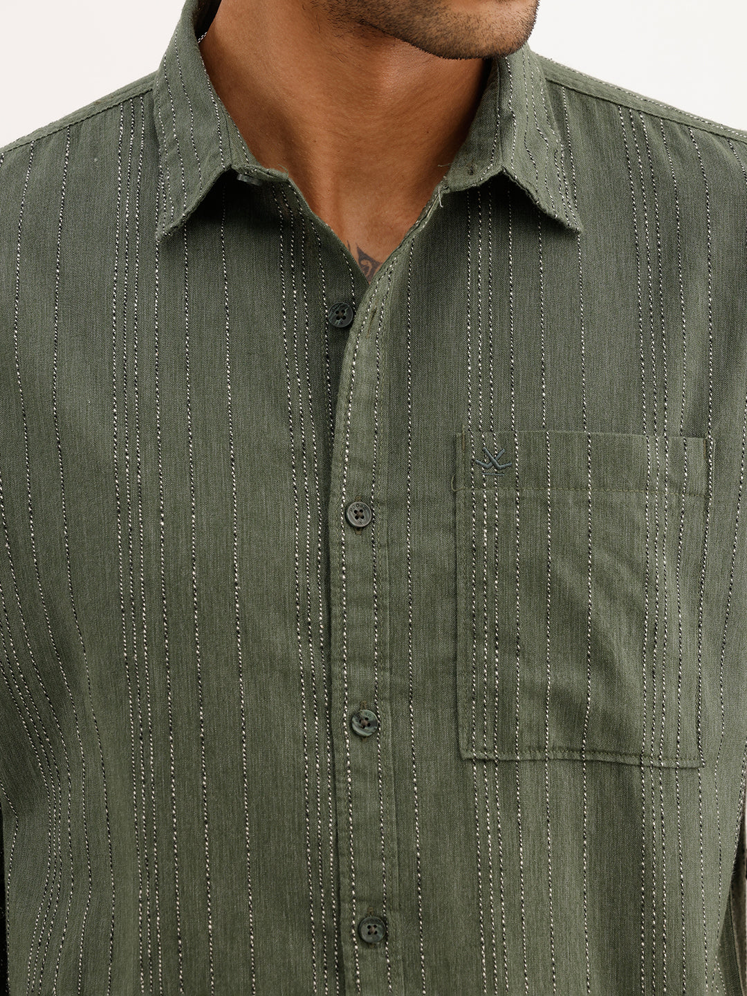 Slim Fit Textured Striped Full Sleeve Shirt | Dark Green