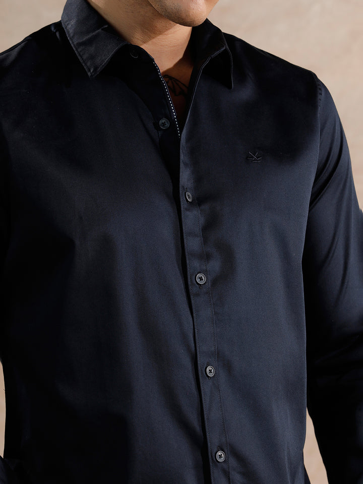 Solid Stretch Cotton Blend Shirt | Navy Blue