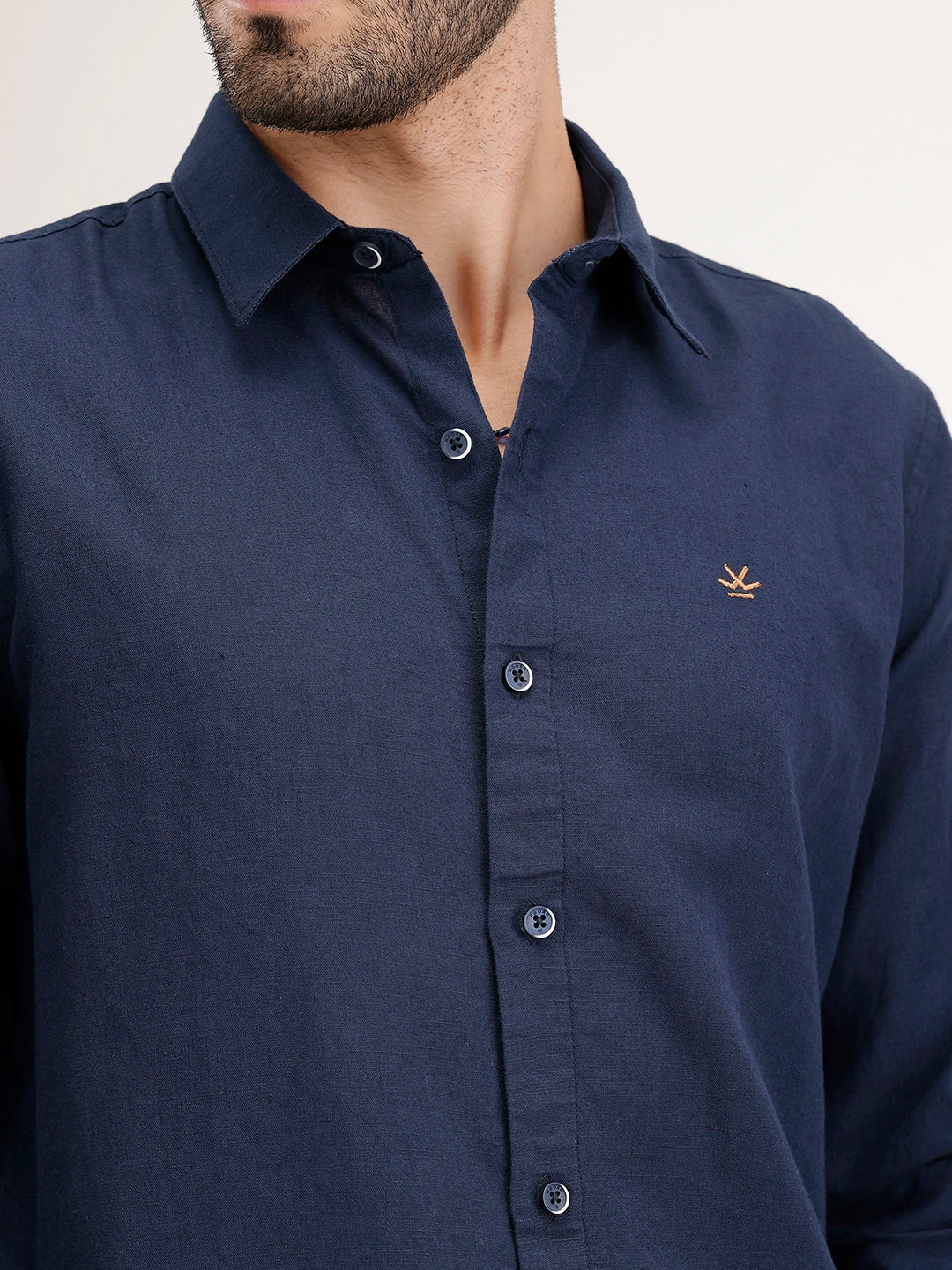 Solid Slim Fit Linen Blend Shirt | Navy