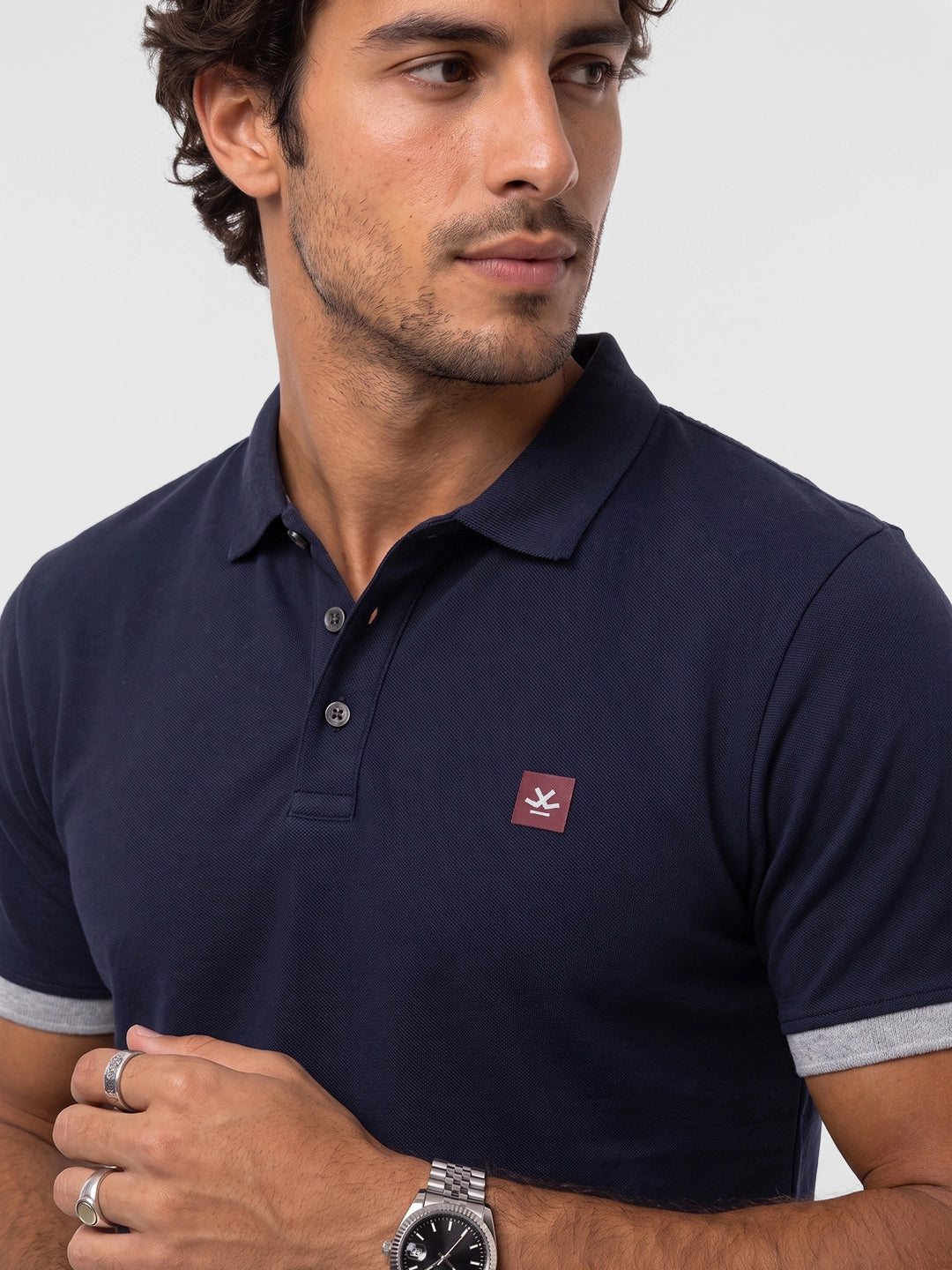 Slim Fit Contrast Sleeve Polo T-Shirt | Navy Blue