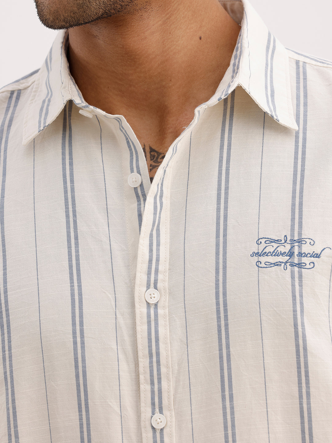 Slim Fit Embroidered Detail Striped Shirt | Off White