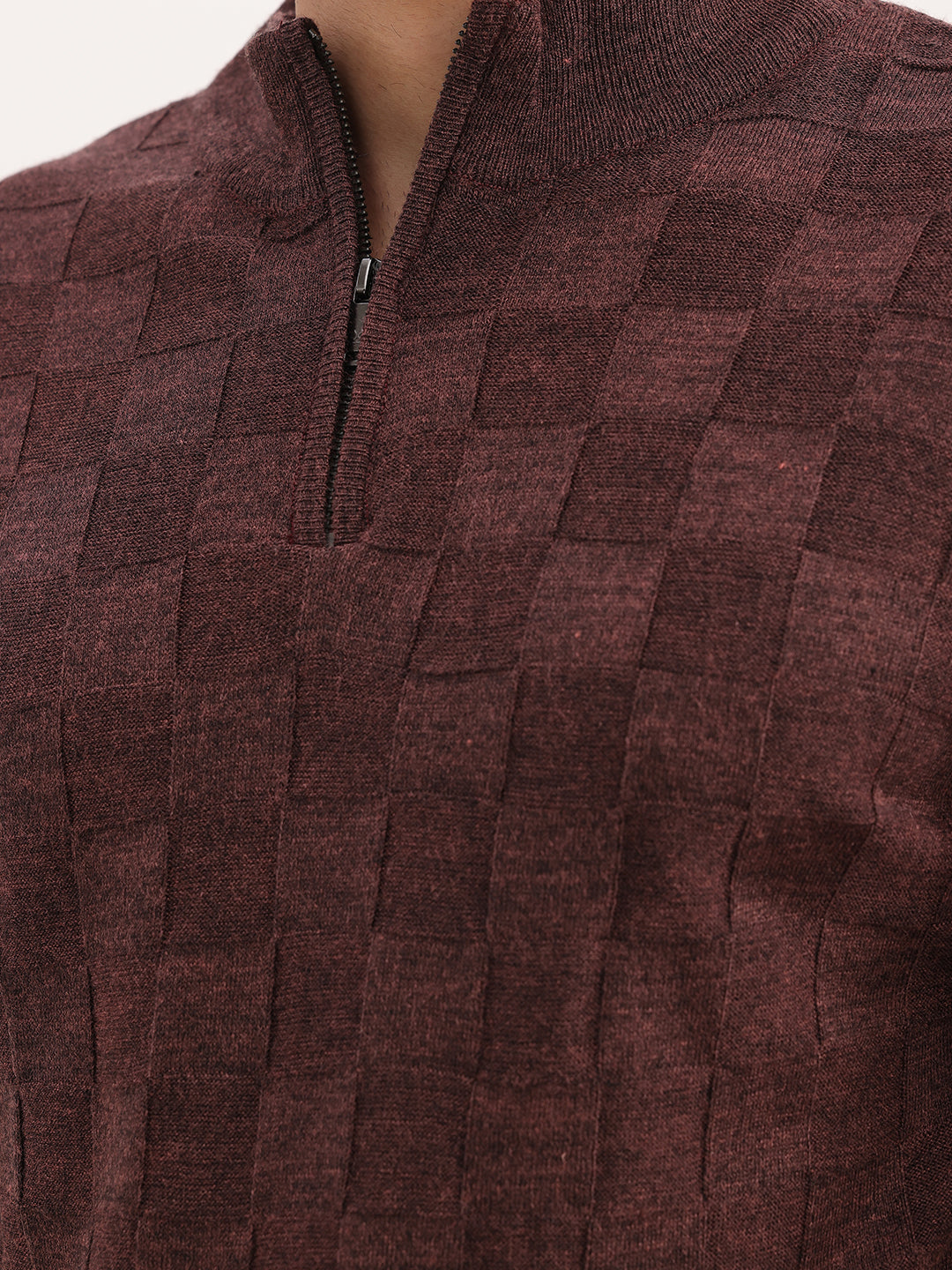 Solid Regular Fit Quater Zipper Textured Sweater | Brown