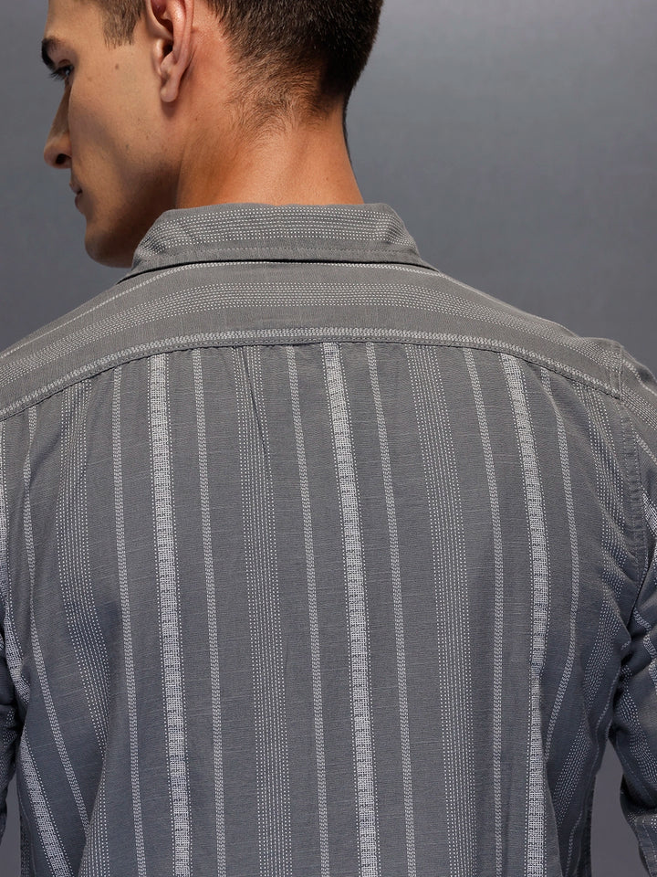 Men's textured vertical striped casual shirt | Dark Grey