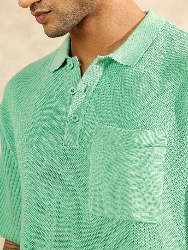 Solid Textured Flat Knit Polo T-Shirt | Green