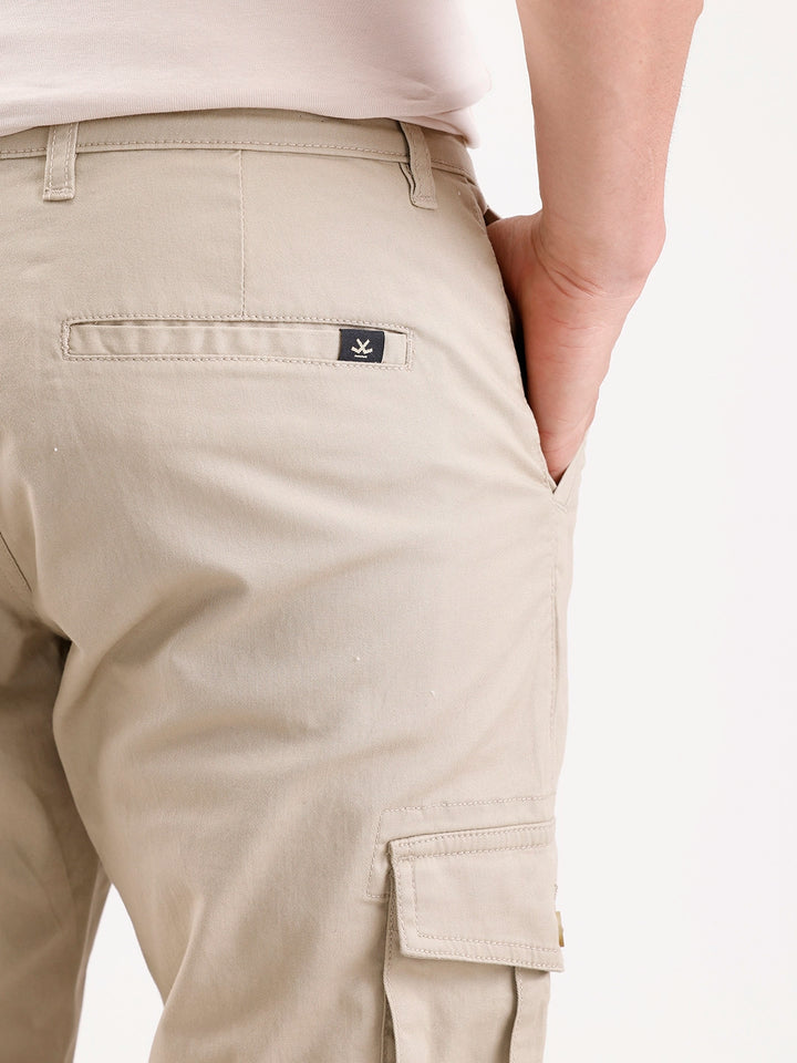 Solid Straight Fit Cargo Trouser   |  Beige