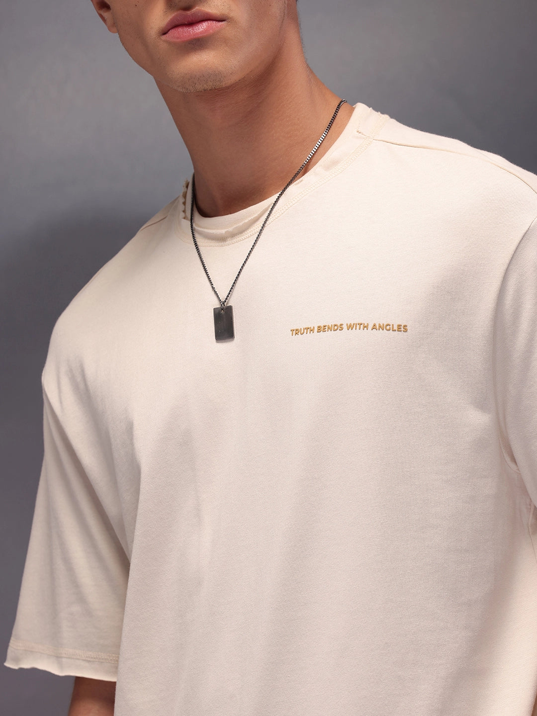 Raw Edge Printed T-Shirt | Beige