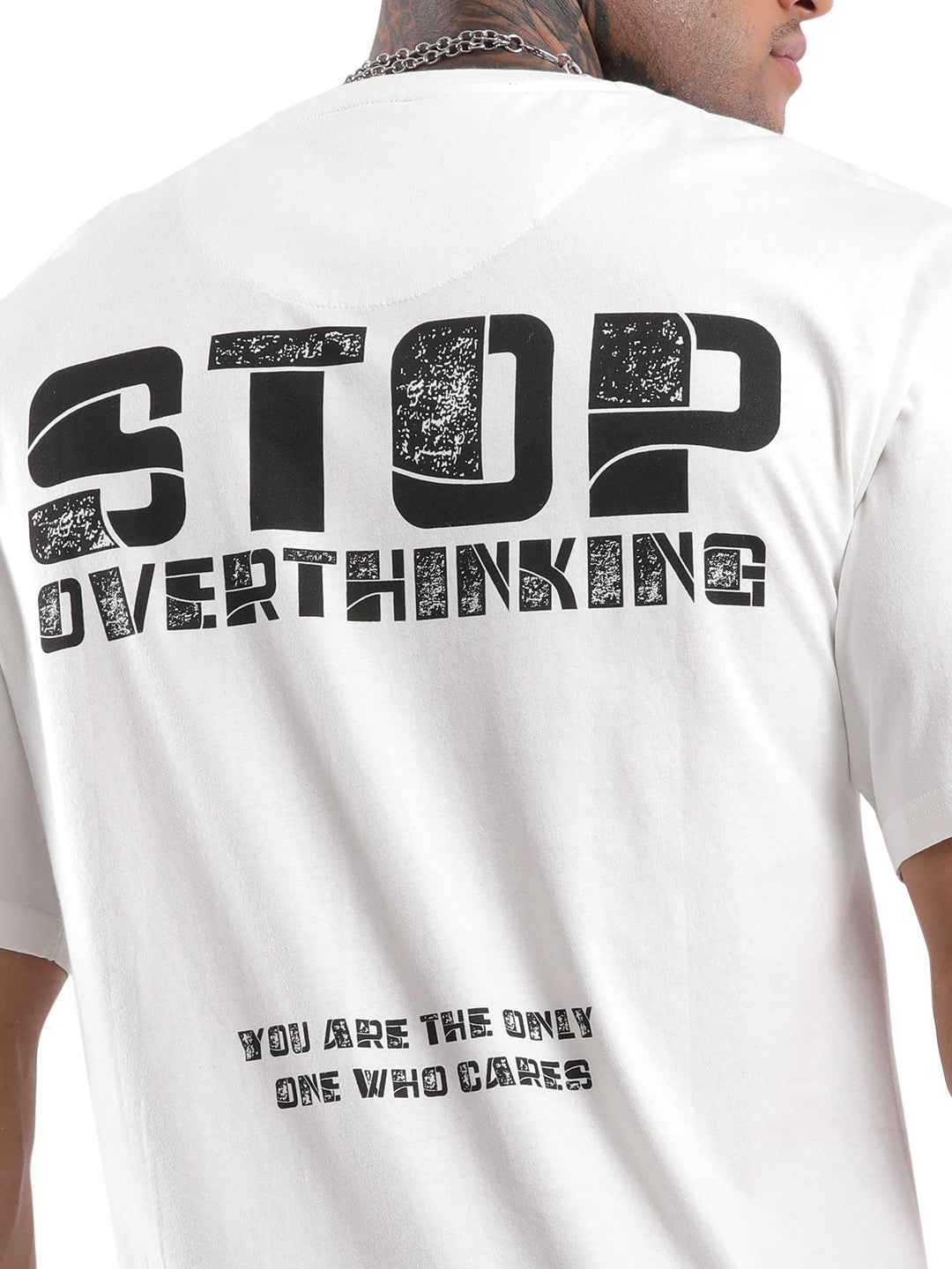 Stop Overthinking White Printed T-Shirt