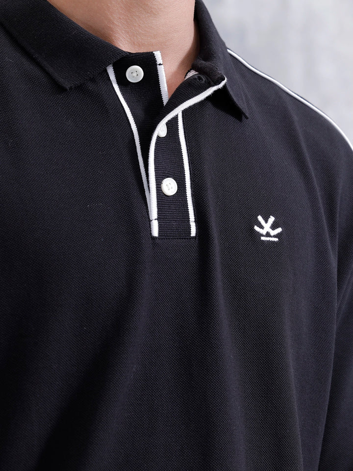 Oversized Polo T-Shirt With Contrast Trim Details | Black