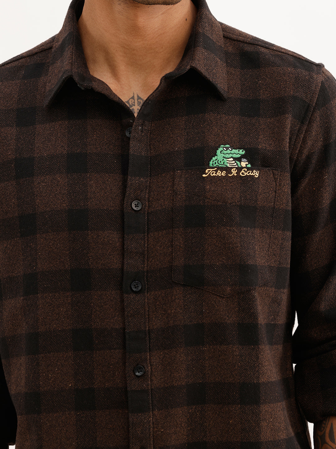 Slim Fit Flannel Embroidery Detail Shirt | Brown
