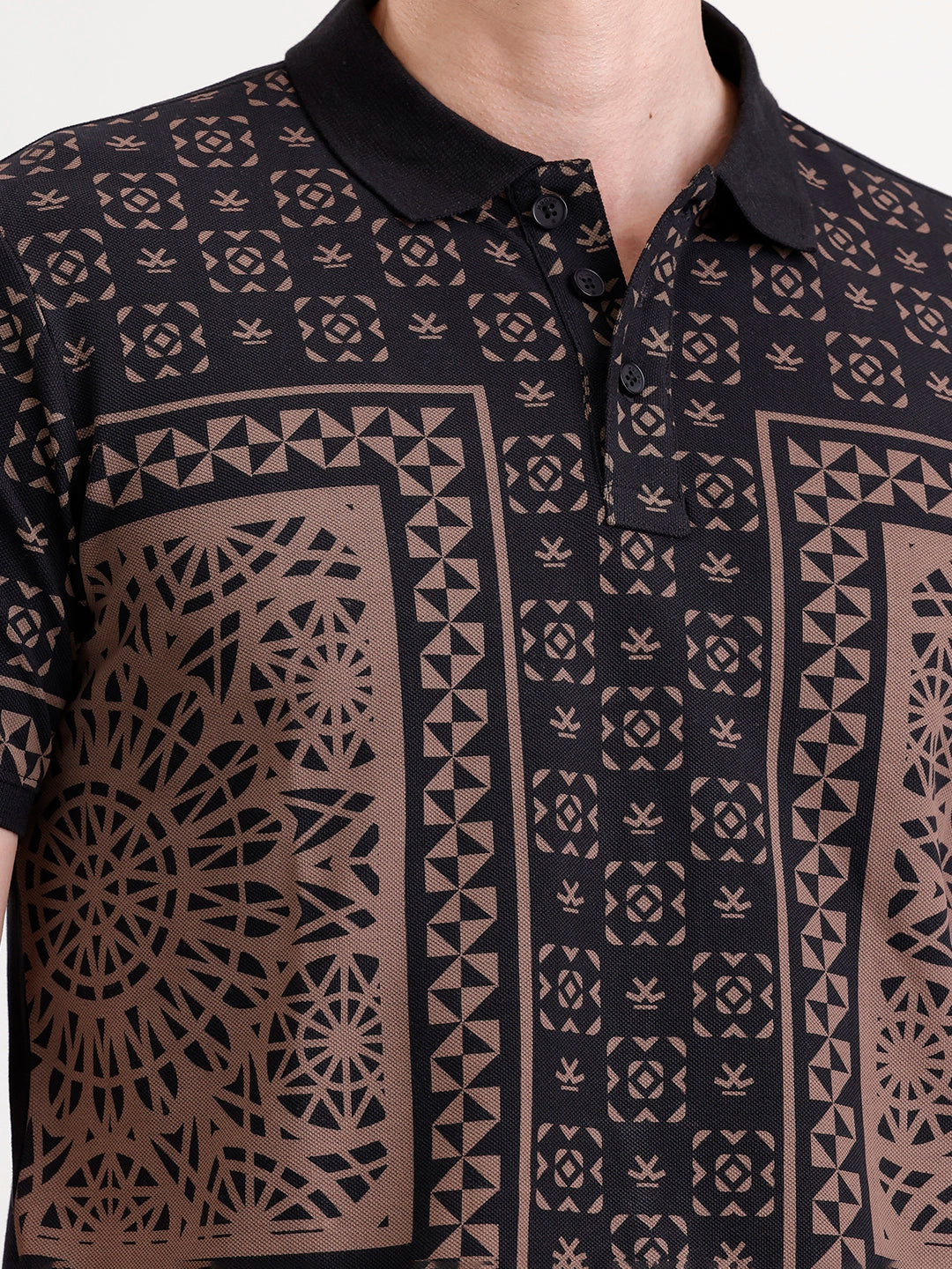 Slim Fit Pannel Printed Polo T-Shirt  | Black