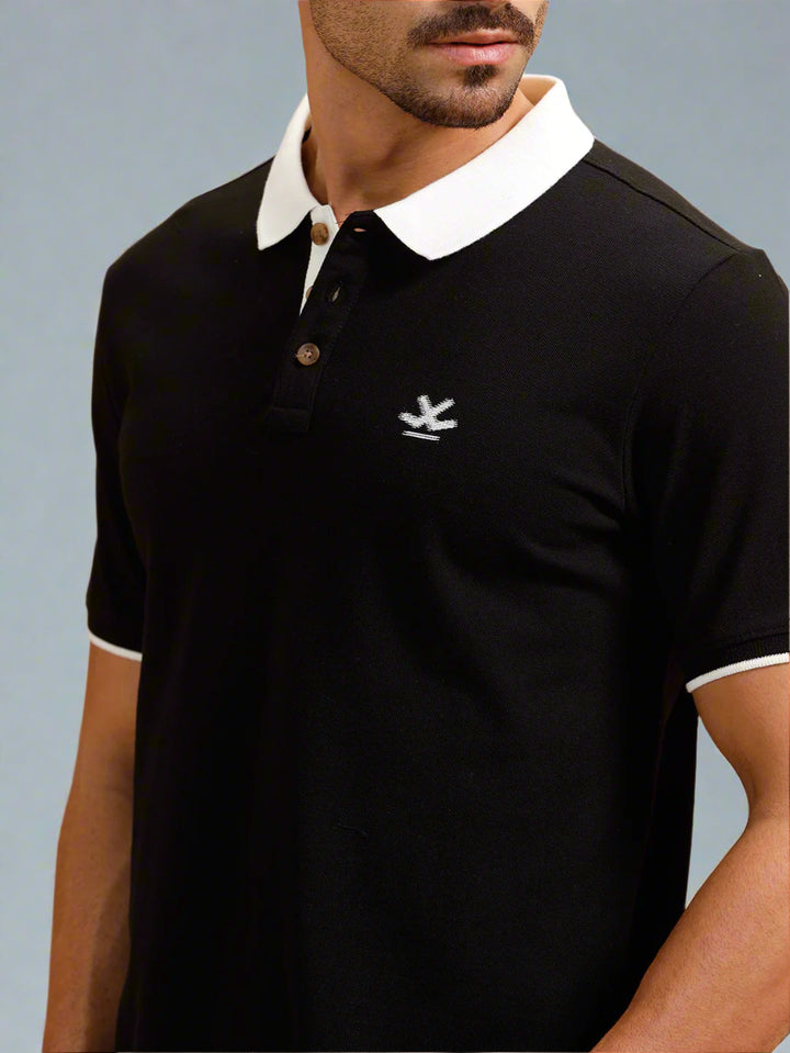 Contrast Collar Slim Fit Polo T-Shirt | Black