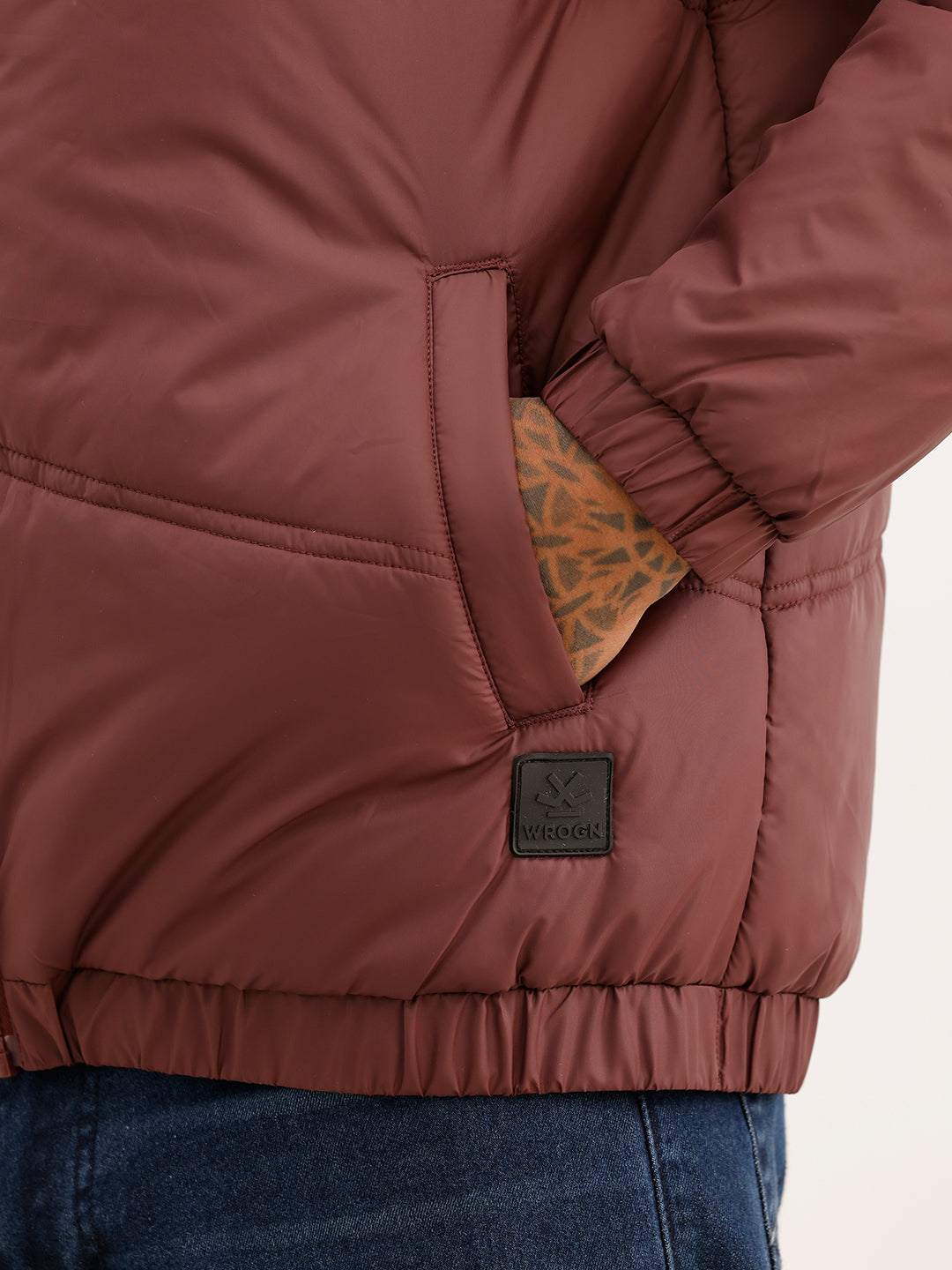 Solid Regular Fit Puffer Jacket | Wine