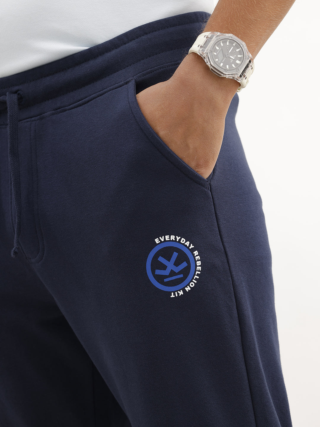 Solid Regular Fit Printed Jogger | Navy Blue