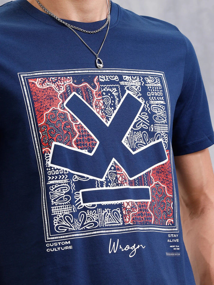 Bandana Logo Printed Slim Fit T-Shirt  | Navy Blue