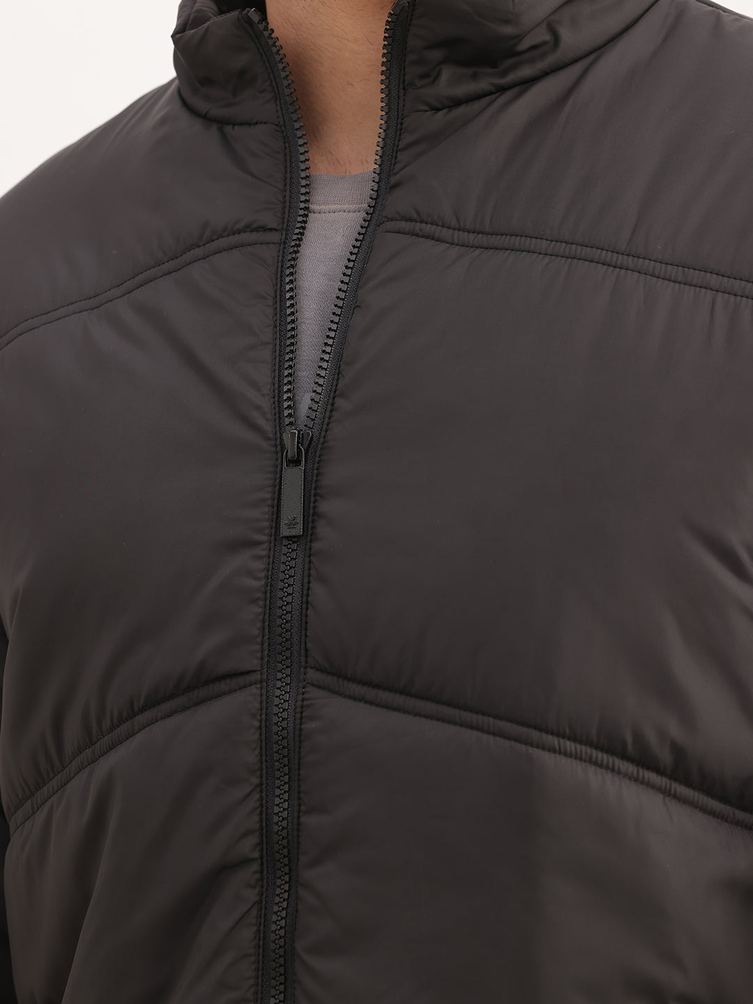 Solid Regular Fit Zipper Puffer Jacket | Black