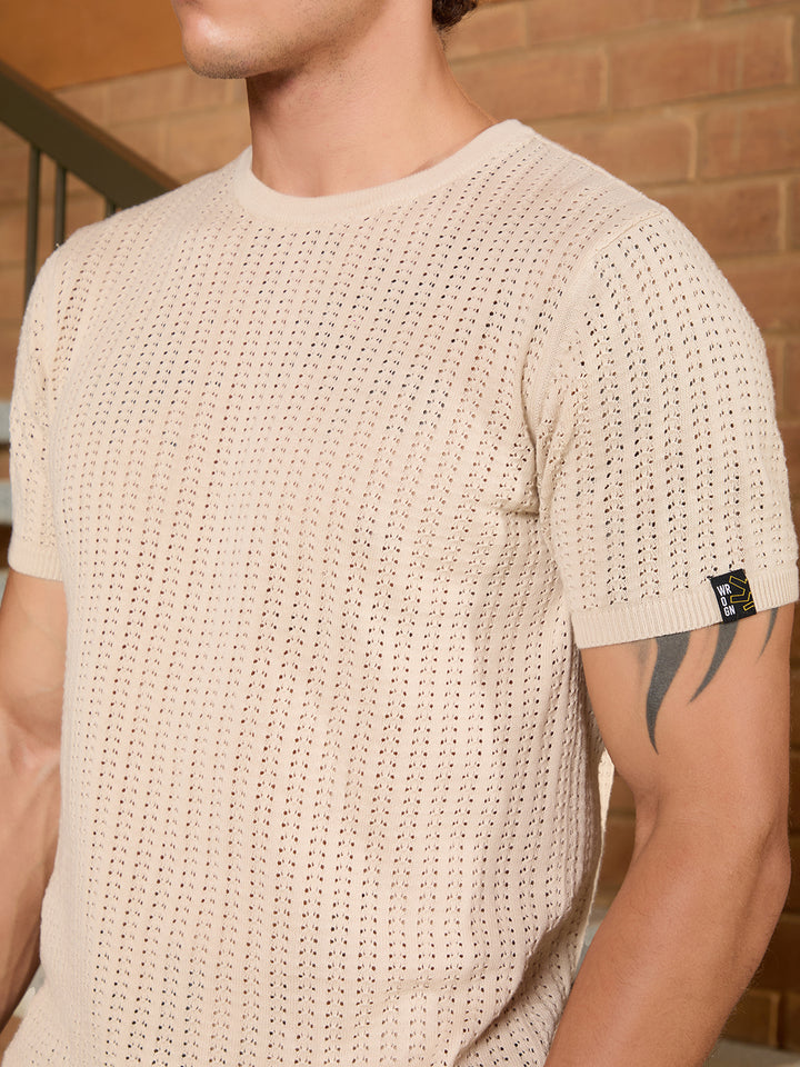 Flat Knit Slim Fit T-Shirt | Beige