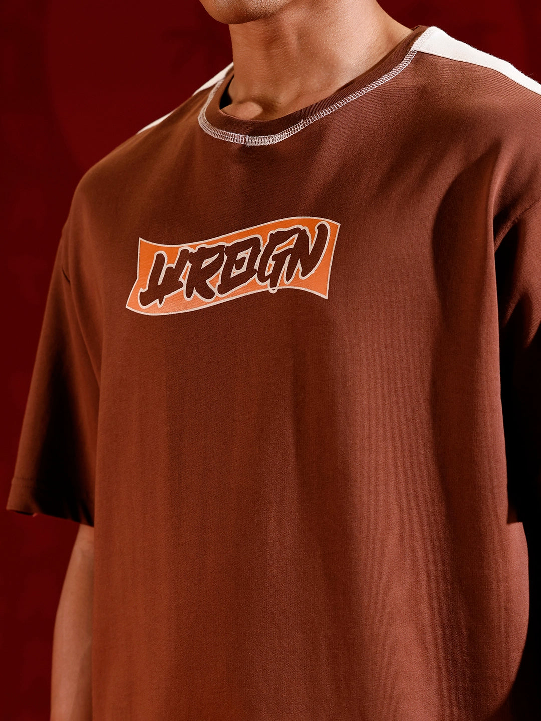 Oversize chest print T-shirt with contrast shoulder and Stitch detail | Brown