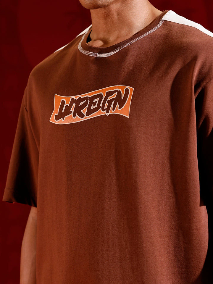 Oversize chest print T-shirt with contrast shoulder and Stitch detail | Brown