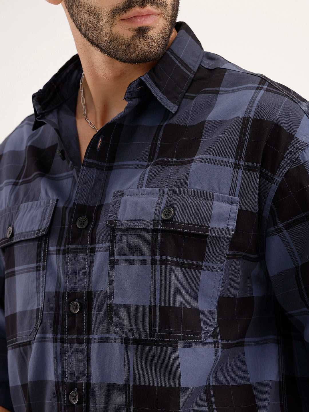 Oversized Checkered Double Pocket Shirt | Blue