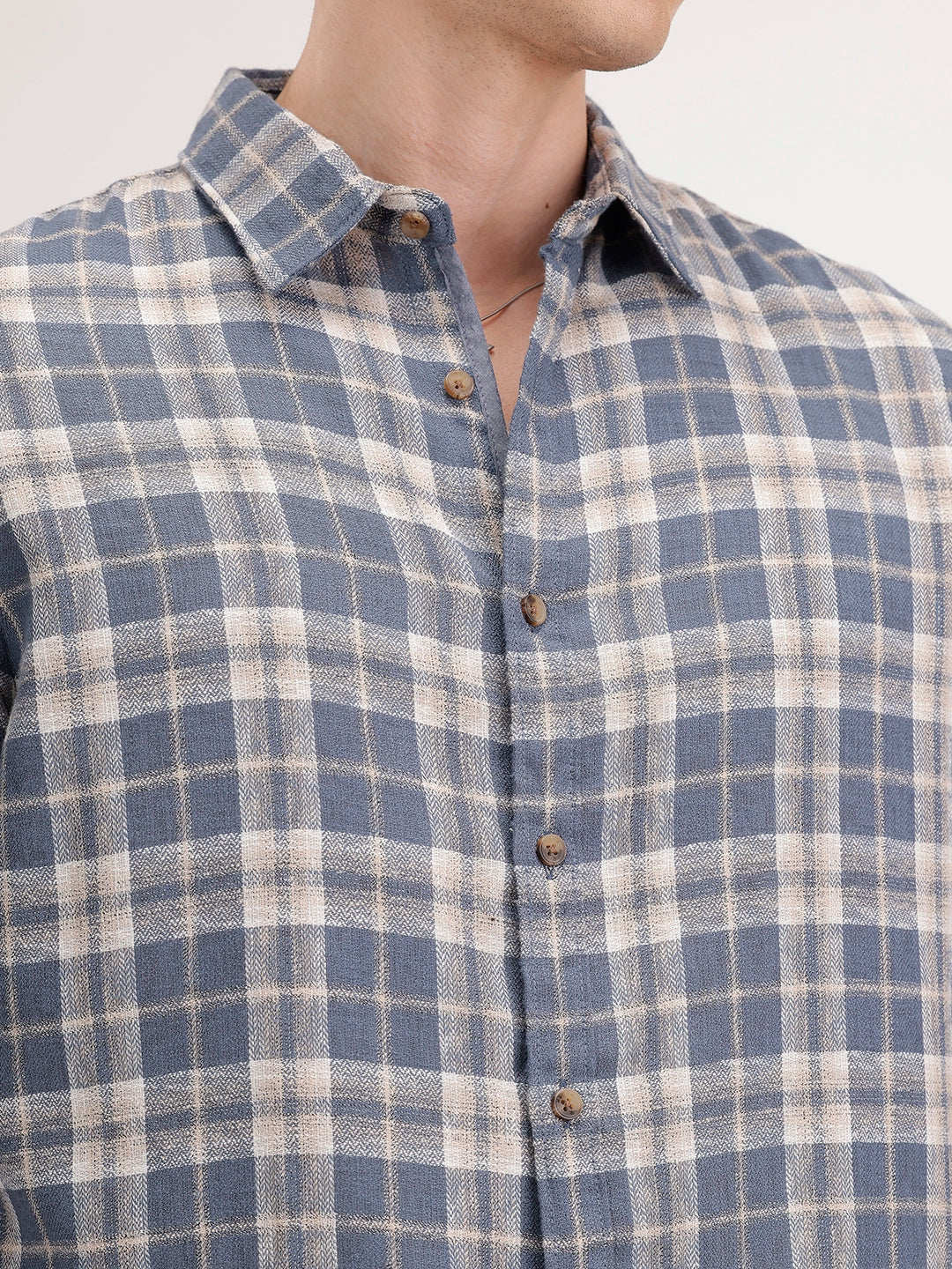 Slim Fit Linen Blend Herringbone Checkered Shirt | Navy