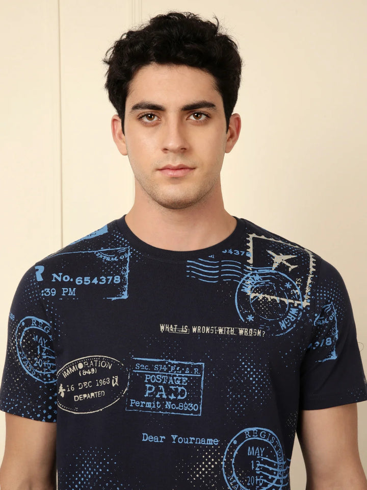 Postcards AOP Navy Blue T-Shirt