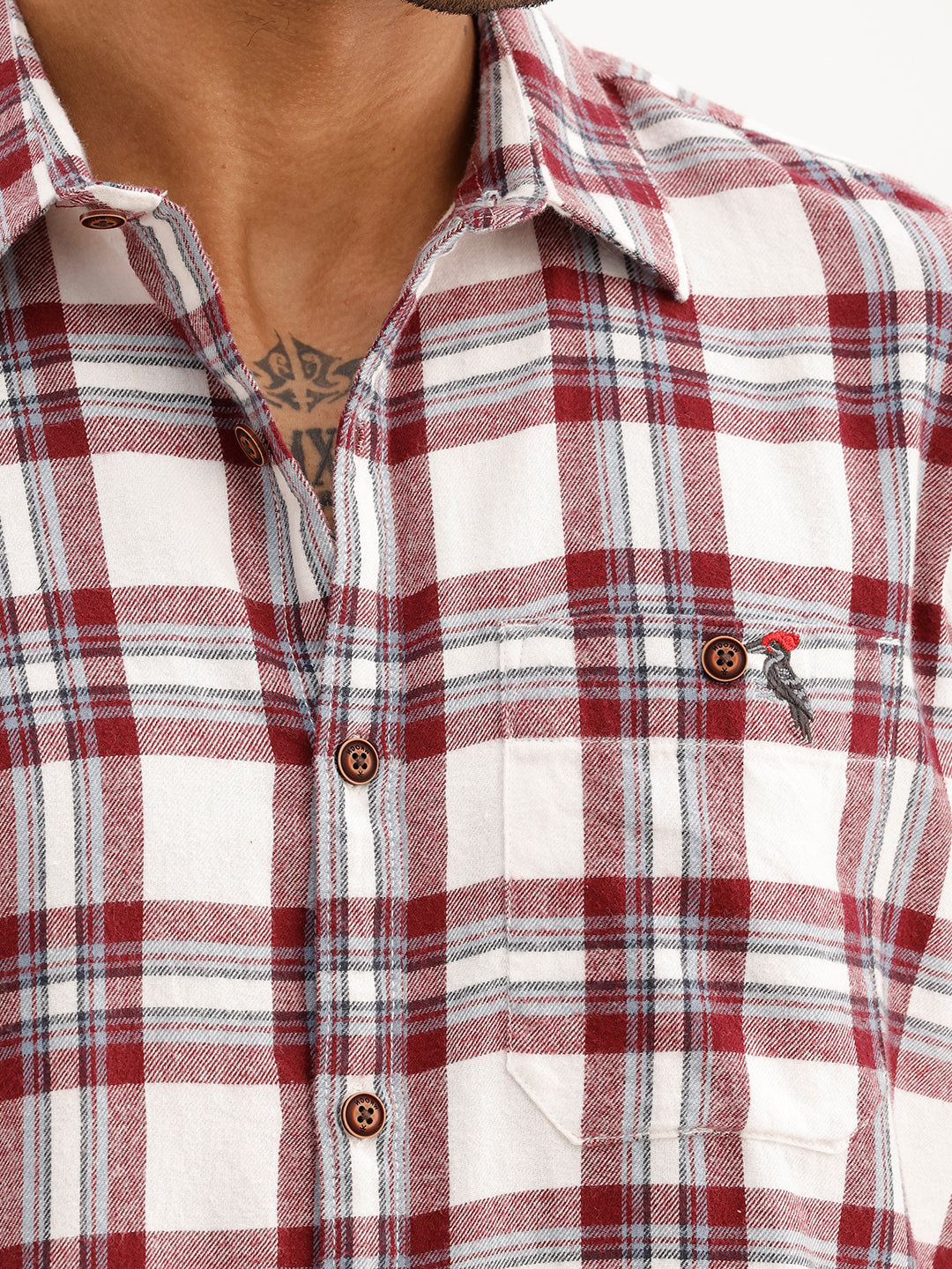 Slim Fit Embroidered Detail Checkered Shirt | Red