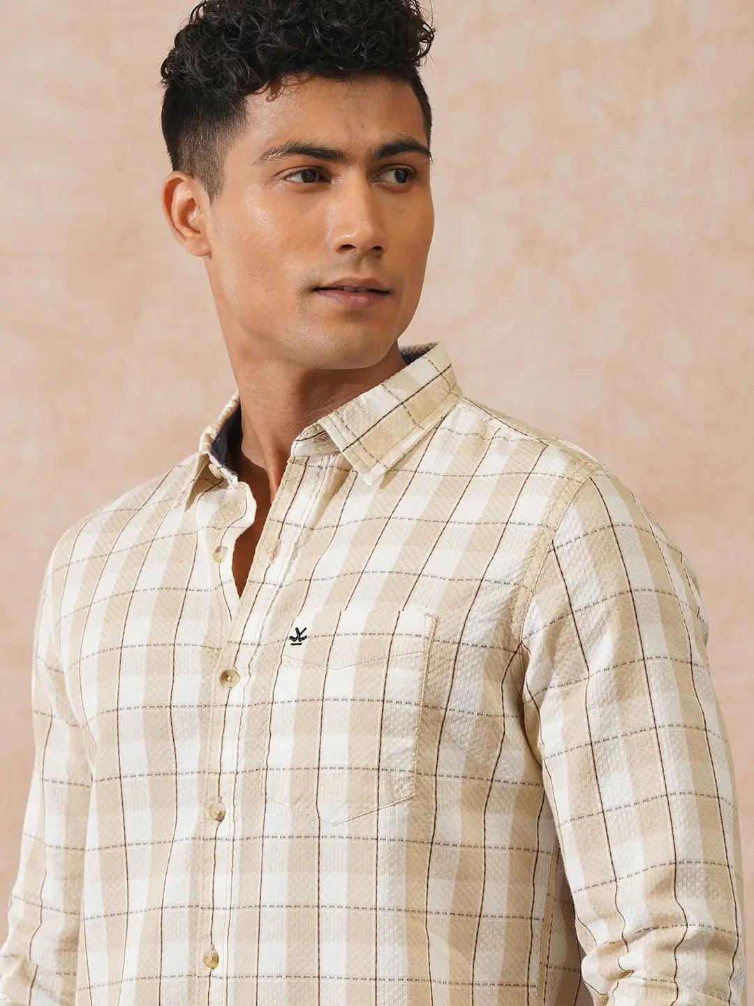 Textured Tonal Check Shirt | Beige – Wrogn Textured Tonal Check Shirt | Beige – Wrogn