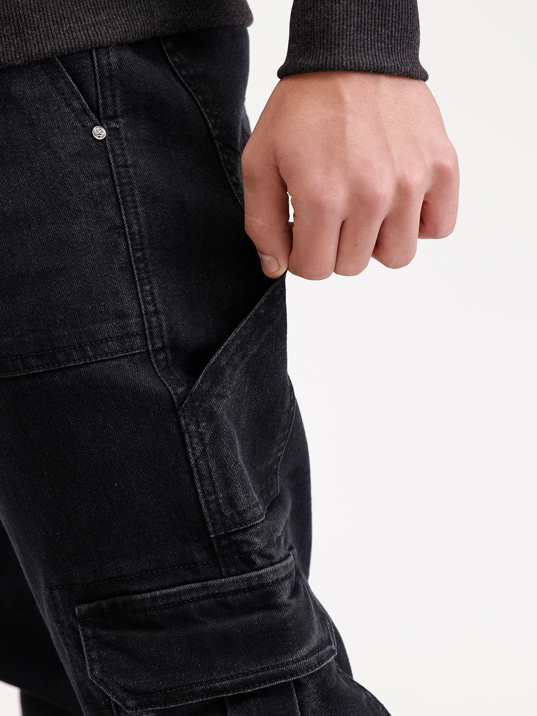 Solid Relaxed Fit Denim Cargo  | Black