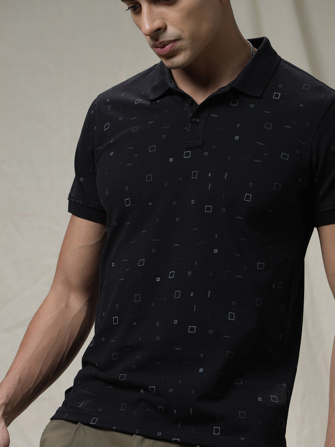 Printed Squares Black Polo T-Shirt