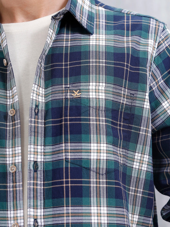 Slim Fit Cotton Indigo Twill Check Shirt | Green