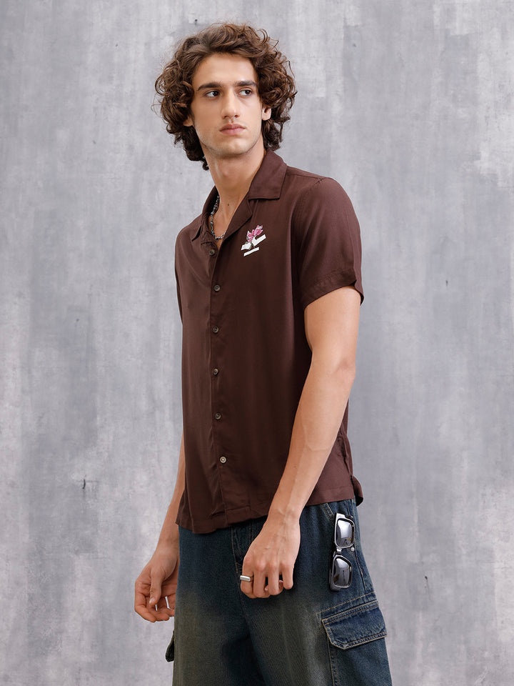 Fluid Resort Collar Shirt With Surreal Back Print | Brown