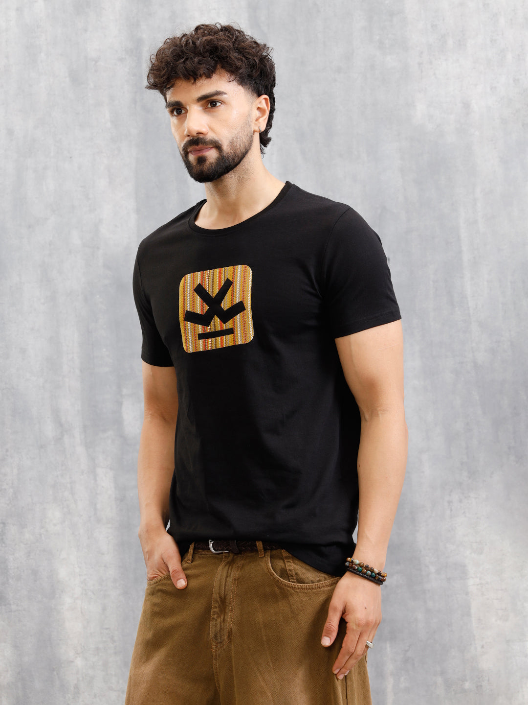 Textured Laser Cut Transfer Print Brand Carrier Crew Neck T-Shirt | Black